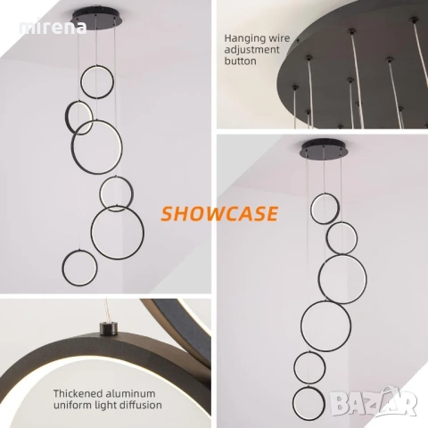 6-пръстенов кръг ринг модерен лед LED полилей за висок таван, димируем, снимка 3 - Лампи за таван - 53224962