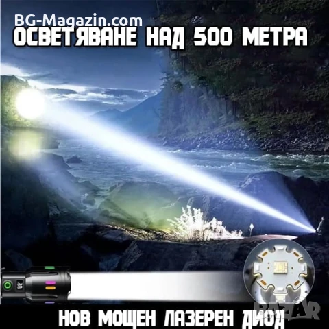 Мощен акумулаторен далекобоен лазерен прожектор LED фенер USB тактически водоустойчив лов риболов, снимка 3 - Къмпинг осветление - 51017230