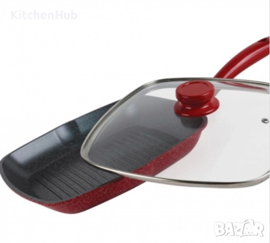 Тиган грил с капак ,Мраморно покритие, индукция, Червен, снимка 2 - Съдове за готвене - 52125227