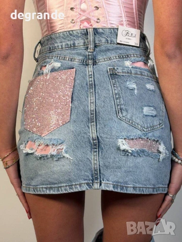  🎀 Дънкова Пола с Розови Блестящи Камъчета 