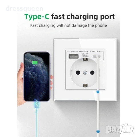 4621 Смарт Стенен Контакт 16A: Закалено Стъкло, USB-A и USB-C Портове