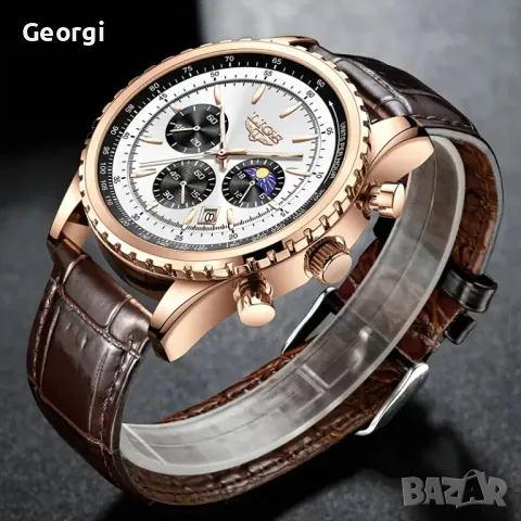 Мъжки спортен Хронограф LIGE* с модерно розово злато и релефно бяло!, снимка 6 - Мъжки - 49521747