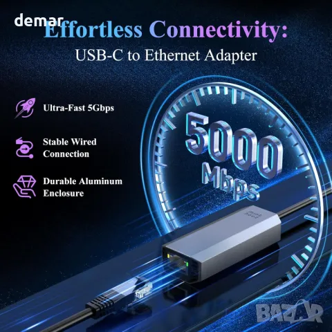Minthouz USB C към Ethernet адаптер, 5G кабелен мрежов адаптер, алуминиев RJ45, снимка 2 - Мрежови адаптери - 50399055