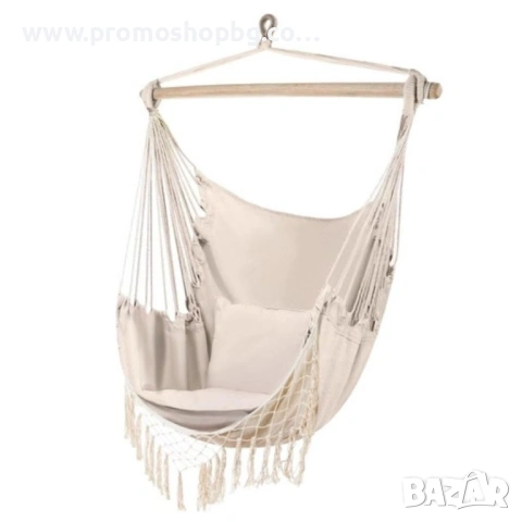 Хамак тип бразилски стол с дървена рейка Gardlov, 2 бр Възглавници, СИВ или БЕЖОВ