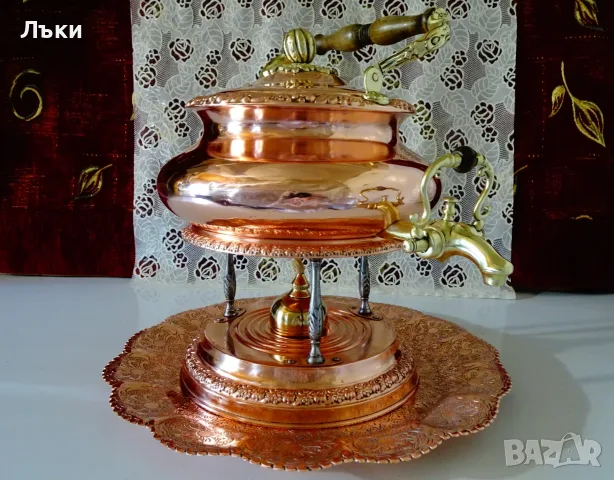 Меден чайник с кранче,диспенсър,стойка,спиртник,поднос. , снимка 2 - Антикварни и старинни предмети - 56009785