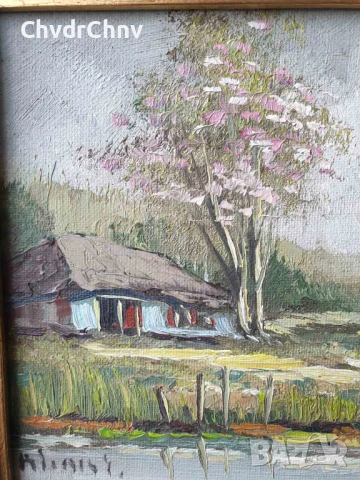 26х26см/малка картина масло върху платно-фазер/пейзаж-къща-дърво-река/дървена рамка, снимка 3 - Картини - 50471704