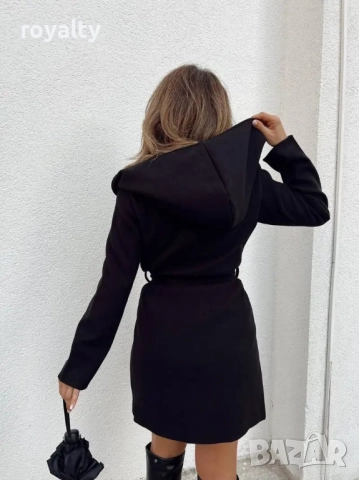 Дамско черно палто с коланче и качулка в 3 цвята, снимка 2 - Палта, манта - 52162096