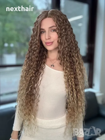 Омбре къдрици 80 см - кафява перука с реалистичен път 13x4x1