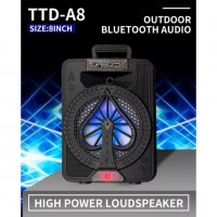 Караоке Тонколона TTD-A8 , 8 инча, Жичен Микрофон, Цветомузика, Bluetooth, FM радио, USB, Micro SD, снимка 5 - Караоке - 39624720