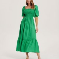 Дълга нова елегантна зелена рокля Reserved буфан ръкав къдри волани , снимка 6 - Рокли - 41203081
