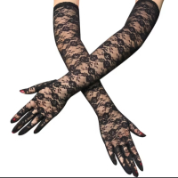 Нови дълги  черни дантелени ръкавици, снимка 2 - Ръкавици - 44791532