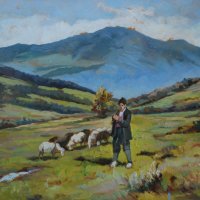 Картина, овчар със стадо, бълг. автор, 1950-те год., снимка 4 - Картини - 41789500