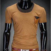 Мъжка памучна тениска в цвят охра Solier - L, снимка 1 - Тениски - 42549912