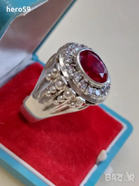 Огромен мъжки сребърен пръстен с рубин и циркони(фараон), снимка 1