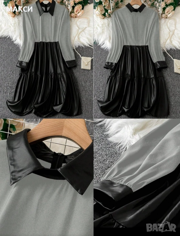 Макси модерна къса клоширана рокля с ципче гръб, ефирна горна част в светло сиво и еластична черна к, снимка 1