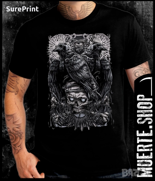 Черна тениска с щампа CROWS N SKULL, снимка 1
