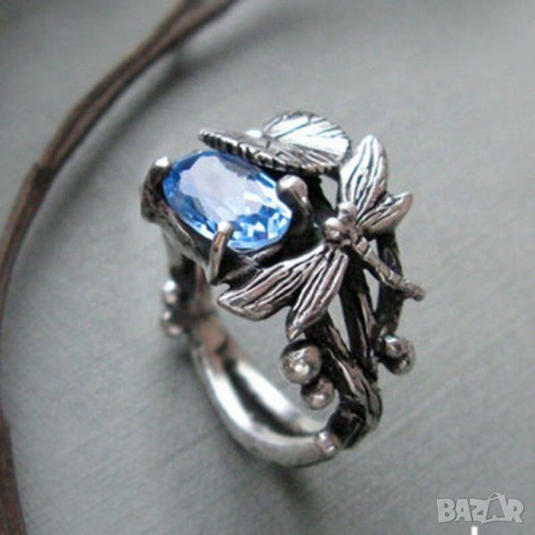 Ретро пръстен със син топаз, апликации листо, пеперуда, снимка 1