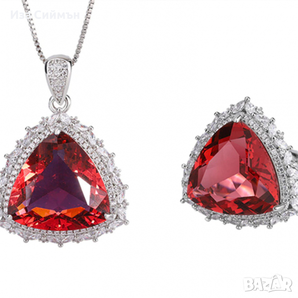 Сребърен комплект обици, пръстен и висулка с рубин, снимка 1