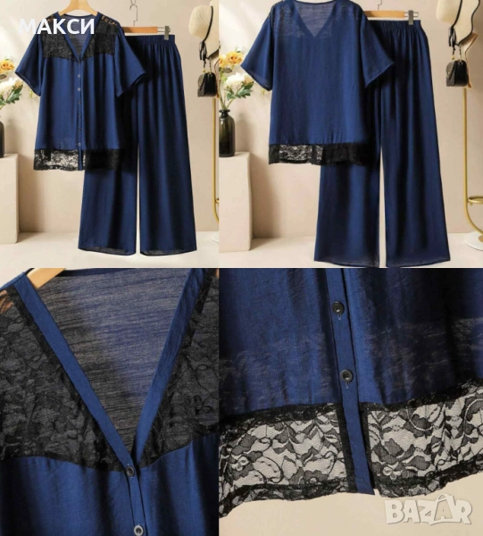 Елегантен модерен ефирен комплект - туника/тип риза с красива черна дантела + панталон с висока ласт, снимка 1