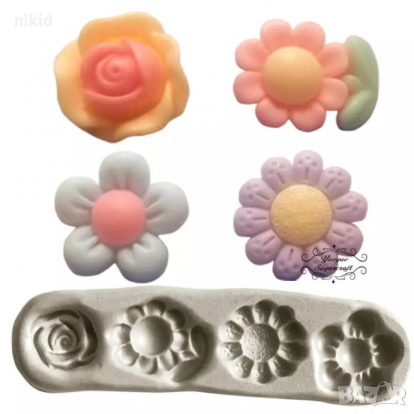 4 цветя цвете роза маргаритка силиконов молд форма фондан украса торта сладки декор, снимка 1