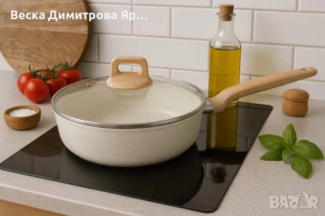 Тиган с капак Voltz Nice , Дълбок, Кован алуминий, Мраморно покр., Индукция, Кремав меланж, снимка 3 - Съдове за готвене - 50181559