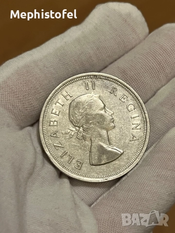 5 шилинга 1953 г, Южна Африка / Британска империя - сребърна монета, снимка 5 - Нумизматика и бонистика - 52806790