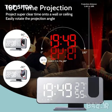Прожекционен будилник LED дигитален,FM радио,температура и влажност,USB порт за зареждане,огледален, снимка 8 - Друга електроника - 48804898
