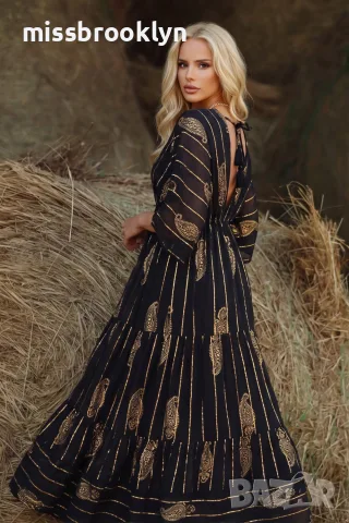 Рокля “Black Golden Paisley” – черна бохо рокля със златни орнаменти арт.1845, снимка 3 - Рокли - 55821378