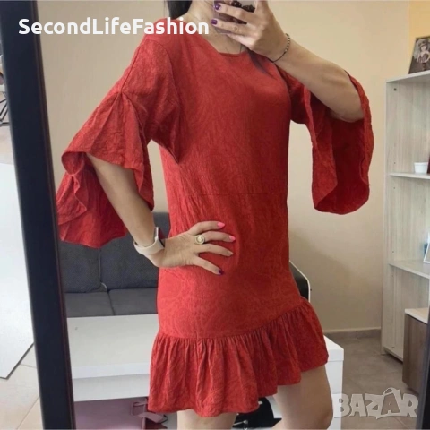 Мини рокля Maje Rahima от червен сатен и жакард с волани размер 2 S, снимка 4 - Рокли - 53221716