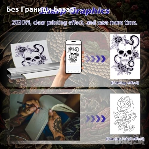 Нов Odaro Bluetooth Термален Принтер за Татуси Портативен и Без Мастило, снимка 4 - Друга електроника - 42739549