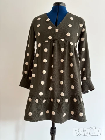 Зелена рокля с мъхеста точкова шарка, размер S/M, снимка 3 - Рокли - 51096456