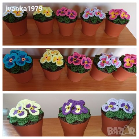 Плетени теменужки в кашпа, снимка 2 - Изкуствени цветя - 42001890