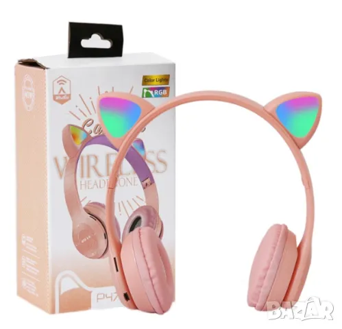 ПРОМОЦИЯ! Безжични слушалки P47M със светещи котешки уши, сгъваеми, снимка 1