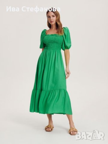 Дълга елегантна нова буфан ръкав къдри волани зелен зелена рокля Reserved, снимка 2 - Рокли - 41202557