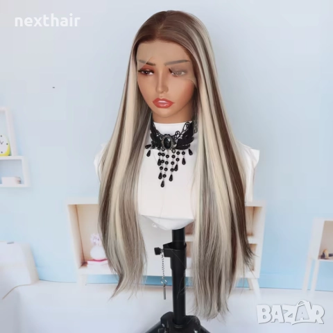 Лейс фронт перука 80 см руса с кафяви кичури – синтетична 13х4х1, снимка 5 - Аксесоари за коса - 52851128