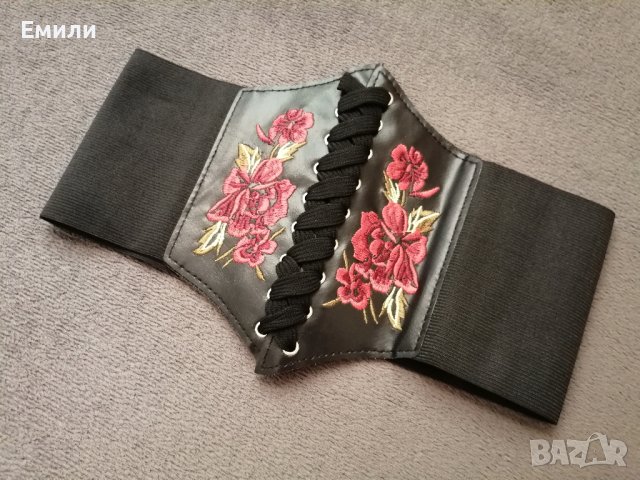 Колан/корсет за талия с бродерия цветя, имитация на кожа и ластик в черен цвят, снимка 5 - Корсети, бюстиета, топове - 41488677