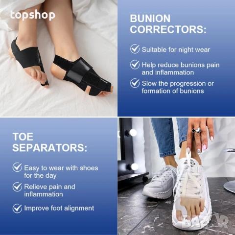 Пълен комплект за двата крака коректори за кокалче (Hallux Valgus) ACWOO – 4 части, снимка 6 - Ортези и протези - 53277251