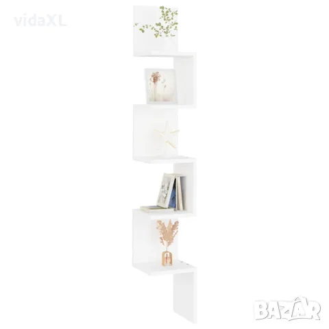 vidaXL Стенен ъглов рафт, бял, 20x20x127,5 см, инженерно дърво, снимка 7 - Ракли - 56147783