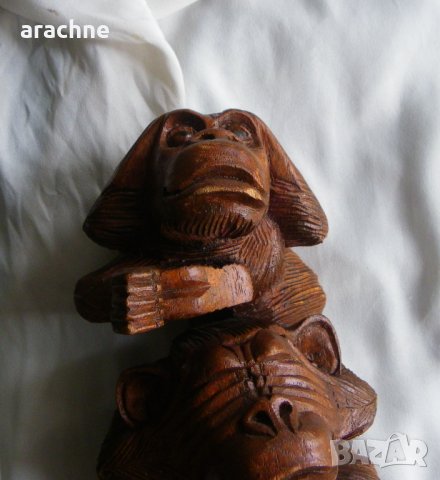 Голяма индонезийска дървена статуетка-"Трите будистки маймуни", снимка 7 - Статуетки - 39549439