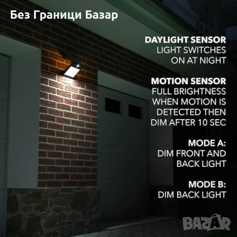 Нова външна Соларна LED лампа 500lm 4W PIR сензор движение 4000K IP65, снимка 7 - Лед осветление - 53697240