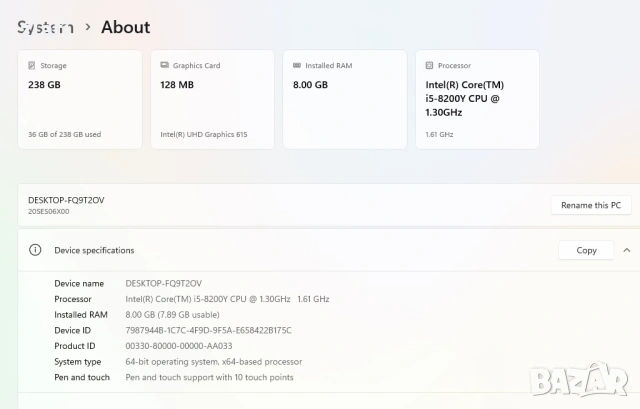 Таблет и Лаптоп 2в1 Lenovo ThinkPad Yoga 11e Gen 6 - i5-8200Y/RAM 8GB/SSD 256GB/ Windows 11 Pro, снимка 11 - Лаптопи за дома - 53718238