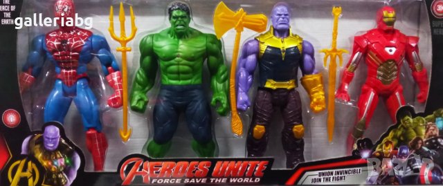 Комплект от 4 големи фигури на Хълк, Танос, Спайдърмен, Железният човек (Marvel, Avengers)