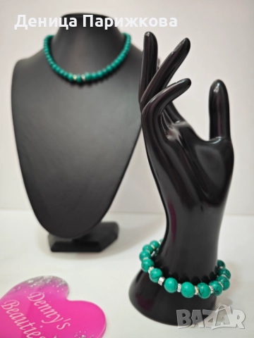 Ръчно изработен комплект бижута с тюркоаз – гривна, колие и обеци, снимка 7 - Бижутерийни комплекти - 52775507