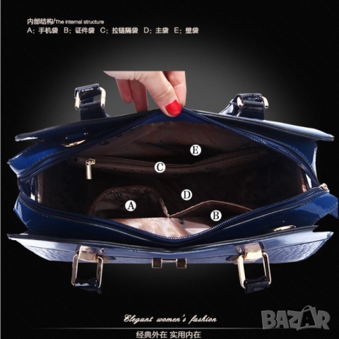 Луксозна лачена дамска чанта, имитираща крокодилски десен - черен цвят, снимка 10 - Чанти - 52112908