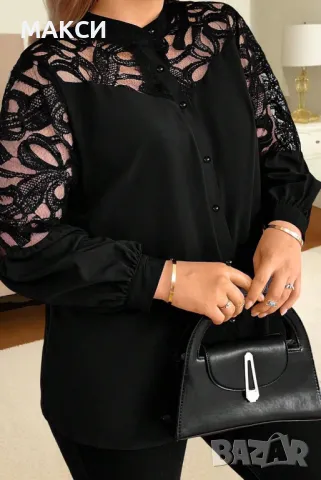 Макси елегантна риза с красиви и модерни дантелени елементи в черно, снимка 1