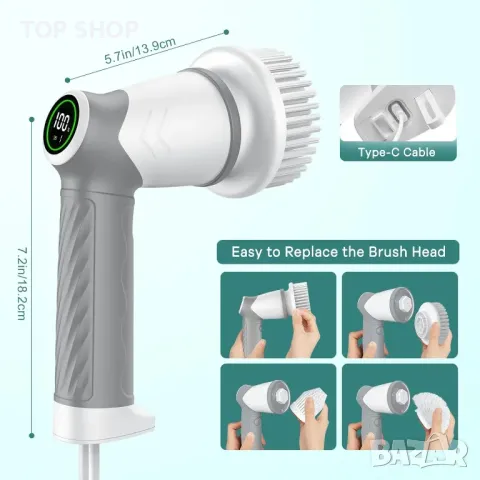 Безжична електрическа четка за баня, скрубер, кухня, градина, водоустойчива, със 7 глави за смяна, снимка 6 - Мопове, кофи, четки и метли - 49419863