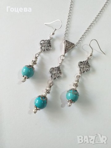 Красив комплект бижута с Тибетски Тюркоаз и красиви орнаменти в цвят Сребро , снимка 5 - Бижутерийни комплекти - 41143929