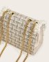 Дамска чанта букле в бяло и златно с декорация перли и дълга дръжка, снимка 3