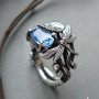 Ретро пръстен със син топаз, апликации листо, пеперуда