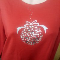 Червена блуза с декорация камъчета Коледно топче Л, снимка 3 - Блузи с дълъг ръкав и пуловери - 34243405